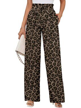 Women's Leopard Wide Leg Pant High Waisted Tie Knot Loose Comfy Casual Trouser